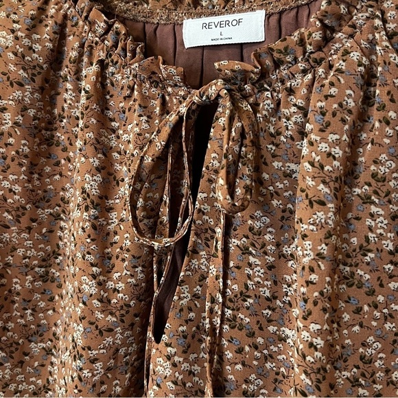 REVEROF Smocked Waist Ruffled Tie Neck Long Sleeve Boho Coquette Mini Dress L - Picture 12 of 16